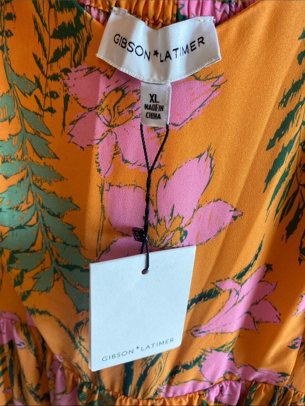 Gibson Latimer Orange Dress with Pink Floral & Green Leaf Print - Picture 2 of 5